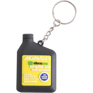 A custom-shaped PVC keyring designed like an engine oil container in black and yellow, featuring a chain attachment and logo.