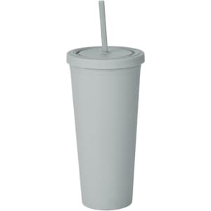 A matte grey plastic cup with a lid and straw, designed for drinks. It includes a logo.