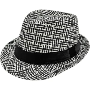 A breathable woven straw hat in a black and white checkered pattern, featuring a black band around the base.