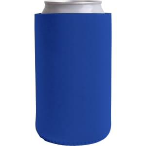 A drink can nestled in a blue skinny stubby holder. The holder features a smooth surface and a seamless design.