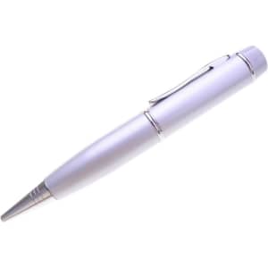 A silver pen with a sleek design, featuring a clip and a metallic finish, includes a logo.