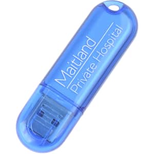A blue flash drive with a transparent casing, featuring a logo and a USB connector.