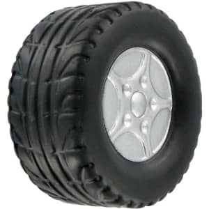 A black tyre-shaped stress reliever with a silver wheel rim, featuring detailed tread design.