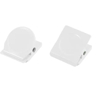 Two white metal magnetic clips with different designs, one round and one rectangular. Each has a logo.