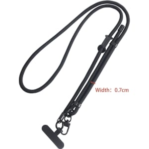 An adjustable black phone lanyard with a clip and a T-shaped end for securing devices.