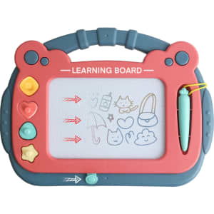A magnetic drawing board in red and teal with a stand, featuring various drawing shapes and a stylus.
