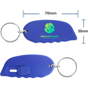 A blue mini cutter keyring with a keychain attachment and a small blade for cutting. Features a logo.