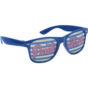 Blue sunglasses featuring a pinhole design and a logo on the lens.