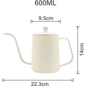 A stainless steel pour over kettle in a cream colour with a long spout and handle, featuring a lid.