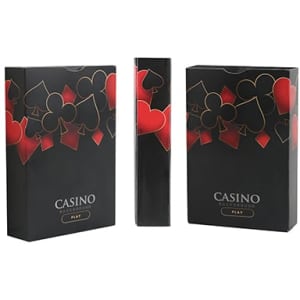 A set of custom playing cards in a black and red box featuring heart and spade designs, with a logo on the packaging.