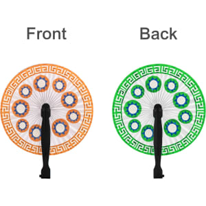 A round plastic paper fan with an orange front featuring blue flowers and a green back with a similar design.
