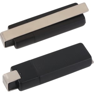 A black and silver Aquarius Flash Drive featuring a sleek, compact design and a metal clip detail.