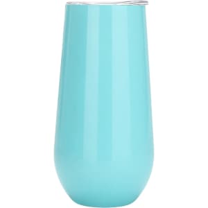 A drink bottle in a bright turquoise colour with a stainless steel lid and sleek design. It features a logo.