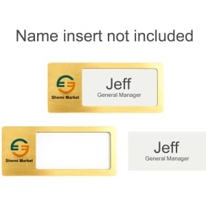 A reusable metal name badge in gold, featuring a clear insert area and a logo.
