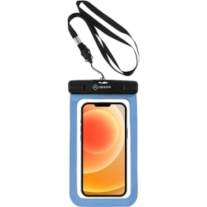 A waterproof phone bag in blue with a black top, featuring a strap for easy carrying and a transparent front.