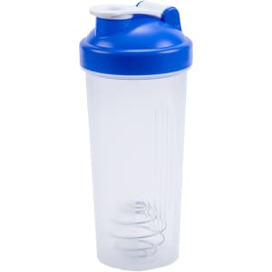 A drink bottle with a clear body and blue lid, featuring a mixing ball inside for blending protein shakes.