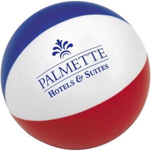 A colourful beach ball shape stress reliever in red, white, and blue with a logo printed on it.