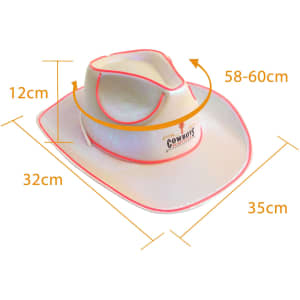 A light-up cowboy hat in white with pink trim, featuring a logo and specific measurements displayed.