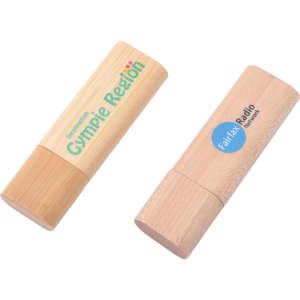 A rounded wooden flash drive in natural wood colour, featuring two logo designs on its surface.