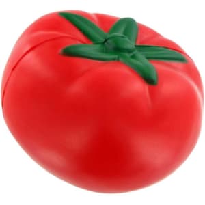 A red tomato-shaped stress reliever with a green stem, featuring a smooth texture and a rounded design.