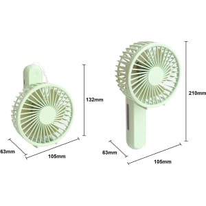 A foldable USB handy fan in light green, featuring adjustable heights, with detailed dimensions shown.