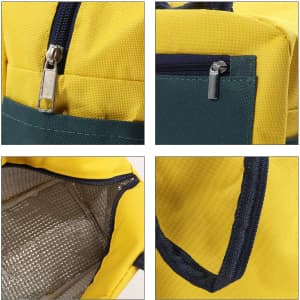 A colourful insulated lunch bag in yellow and teal, featuring zippers and an interior lining for insulation.