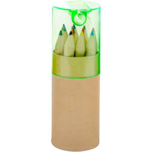A set of recycled coloured pencils in a transparent green case with a cardboard base.