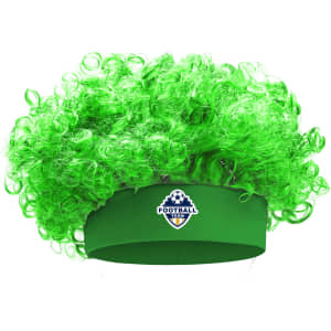 A bright green curly afro headband wig with a solid band and a football logo.