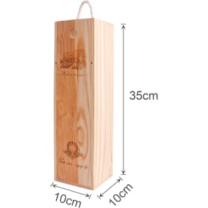 A wooden wine box in natural tones, featuring a rope handle and branding, measuring 35cm by 10cm.