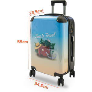 A wheeled suitcase featuring a colourful design, measuring 55 cm in height and 34.5 cm in width. It includes a logo.