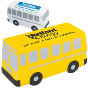 A yellow bus-shaped stress reliever with a logo and a smaller white bus stress reliever in the background.