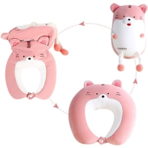A pink tiger-shaped travel pillow that transforms into a plush toy, featuring cute facial details and pom-pom accents.