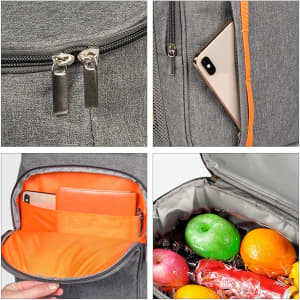 A large grey cooler backpack with an orange interior, containing fruits and a pocket for a phone and tablet.