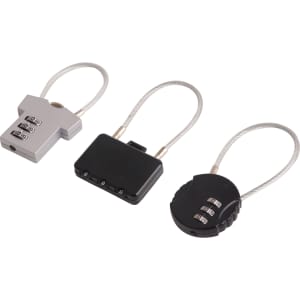 Three metal coded locks in silver and black, featuring different designs and combination dials. Each has a metal cable attachment.
