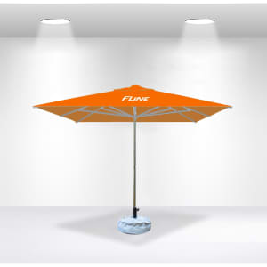 An orange 2x2m square commercial market umbrella with a sturdy base and a visible logo.