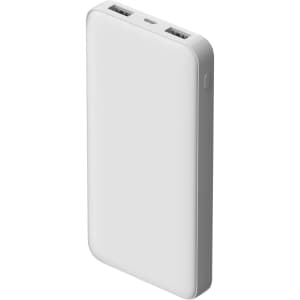 A rectangular white power bank with two USB ports and a button, designed for charging devices.