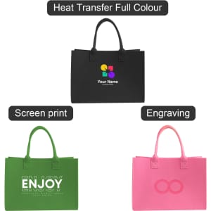 A set of three customizable felt tote bags in black, green, and pink with various decoration options and a logo.