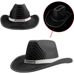 A black sequin cowboy hat featuring a white band and a logo, showing a light-up design in the inset.