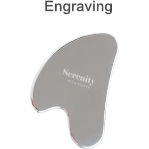 A stainless steel Gua Sha massage tool with a shiny silver finish and a unique, curved shape. It features a logo engraving.