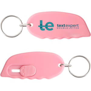 A pink mini cutter keyring featuring a silver keyring attachment and a logo.