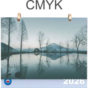 A desk calendar featuring a serene landscape with reflective water and trees, in soft blue and muted tones.