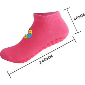 A pink low cut sock with rubber grips on the sole and a logo. Dimensions: 140mm length and 40mm height.