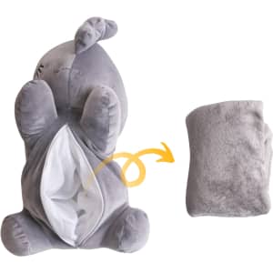 A grey animal plush toy featuring a zipper for storing a matching grey blanket. The toy has a small tail and ears.