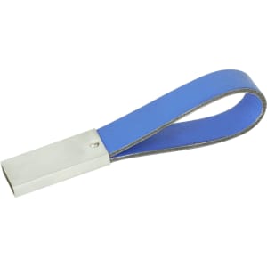 A blue leather strap flash drive with a silver metal casing, featuring a logo on the casing.