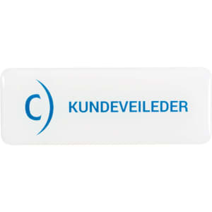 A custom acrylic name badge in white with blue text and a logo design.