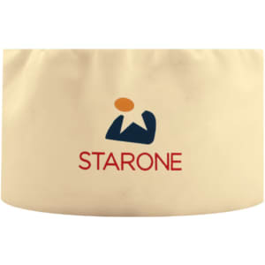 A cream chef skull cap featuring a logo in navy blue and orange.