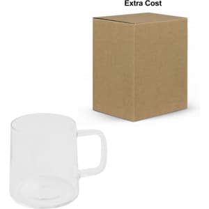 A clear glass mug with a handle, displayed next to a plain brown box.