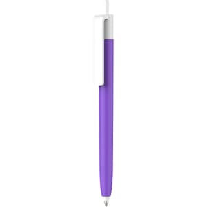 A push button pen with a purple barrel and creamy white cap, featuring a clip and a logo.