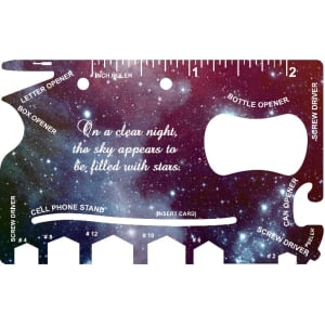 A card-sized multi-tool featuring various tool functions and a vibrant galaxy print design with a logo.