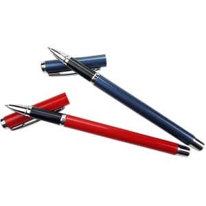 Two metal pens in red and blue, featuring chrome accents and a logo on the barrel.